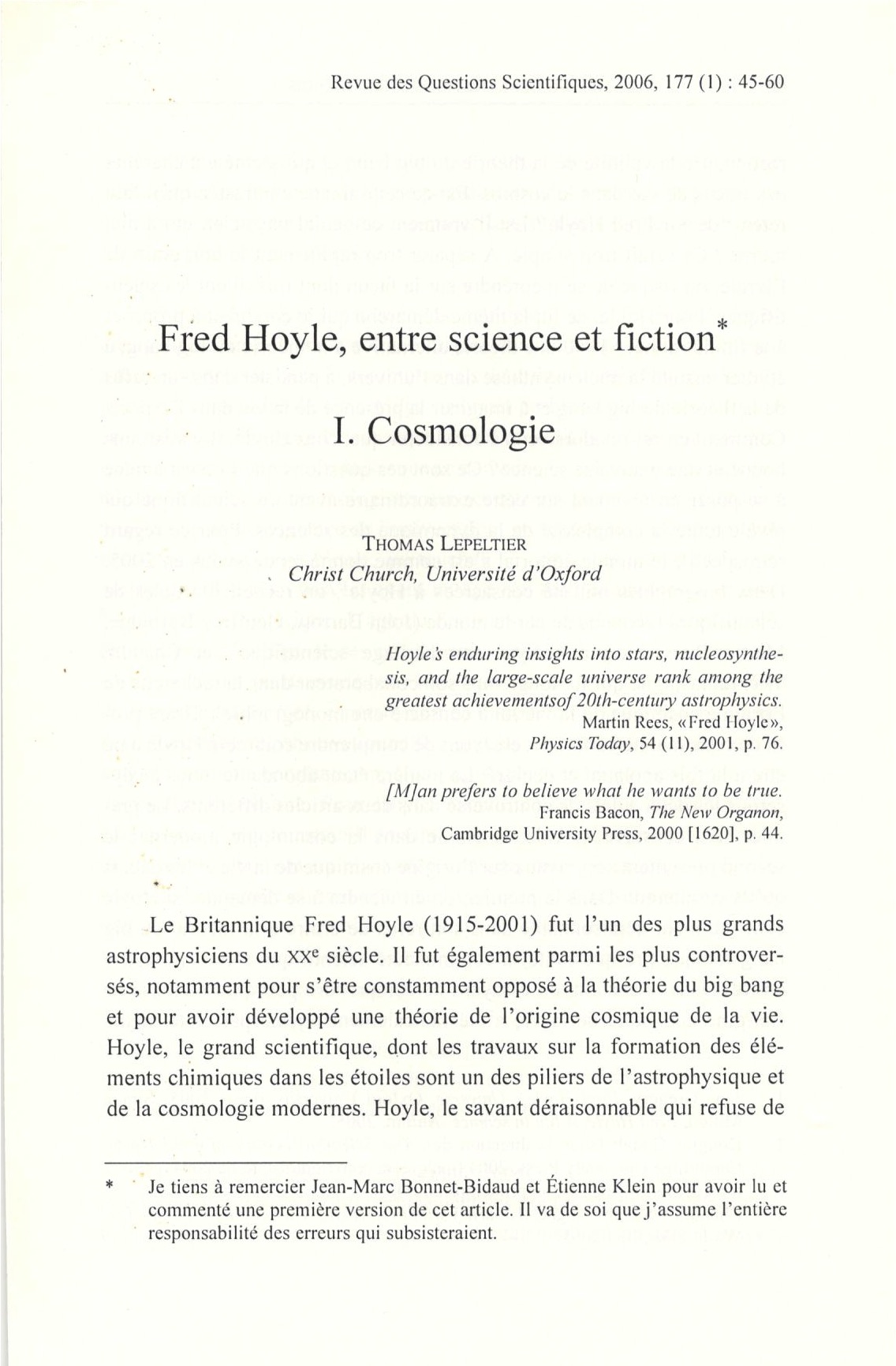 Fred Hoyle, entre science et fiction. I. Cosmologie