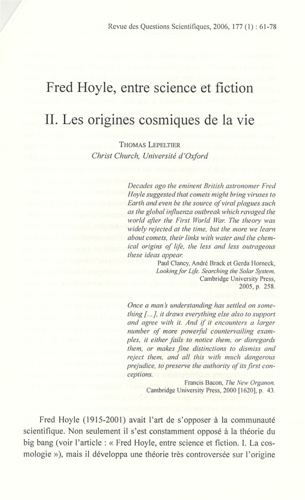 Fred Hoyle, entre science et fiction. II. Origines cosmiques de la vie