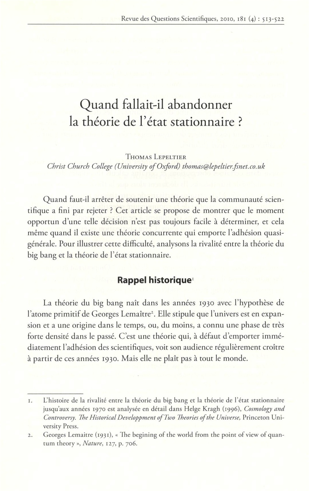 Quand fallait-il abandonner la théorie de l’état stationnaire ?