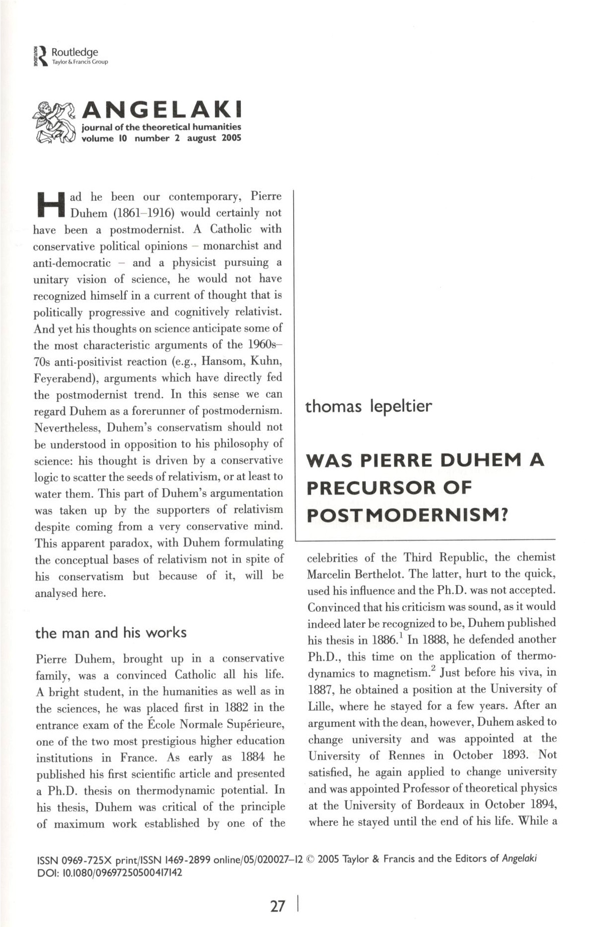 Was Pierre Duhem a precursor of postmodernism ?